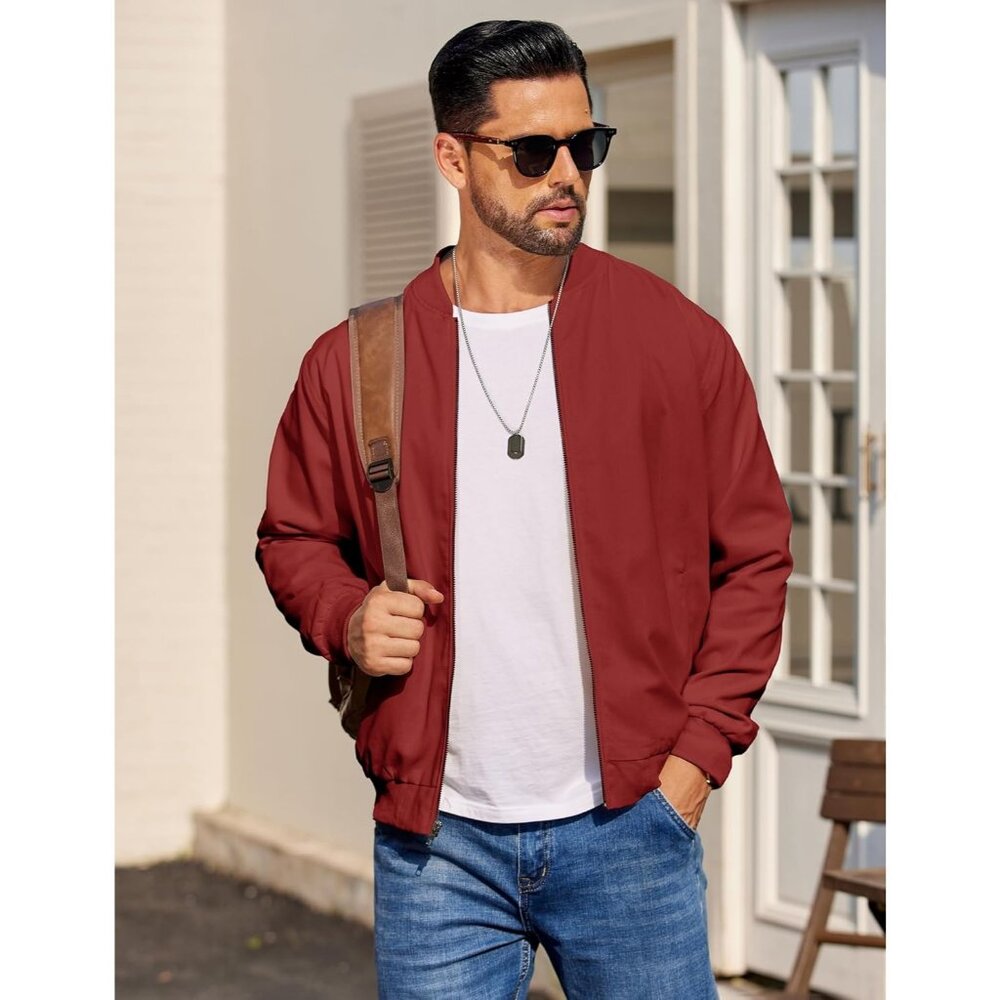 Men's Casual Cotton Bomber Jacket Dark Red Lightweight Flight Softshell - Picture 4 of 5